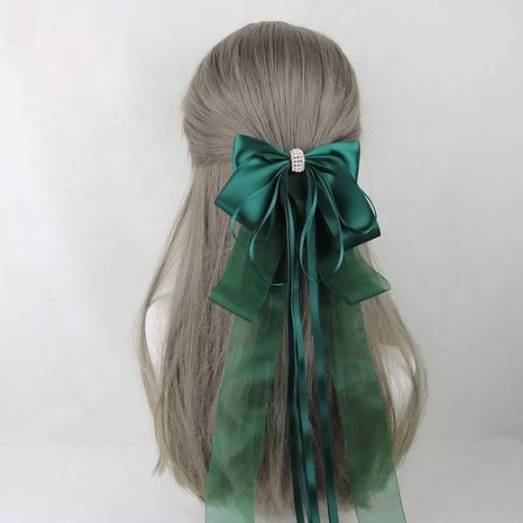 Dark Green- Long Oversized Satin Bow French Barrette Hair Clip - Picture 1 of 9